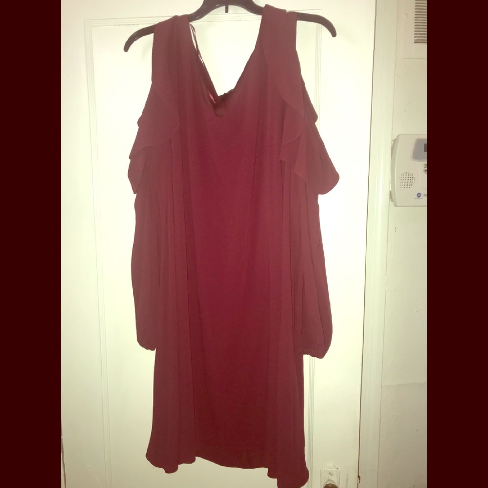 Long sleeve cold shoulder dress.